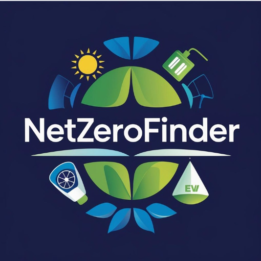 A colorful logo featuring the text "NetZeroFinder" surrounded by illustrations of renewable energy symbols, including the sun, green leaves, and elements related to eco-friendly technologies.